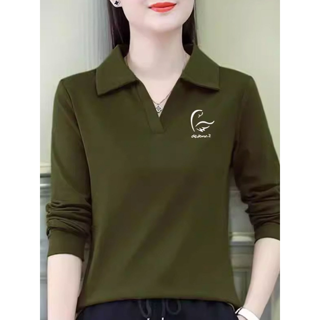 Estilo ocidental All-Match gola polo manga comprida camiseta feminina 2026 primavera outono novo estilo moda mãe usar im