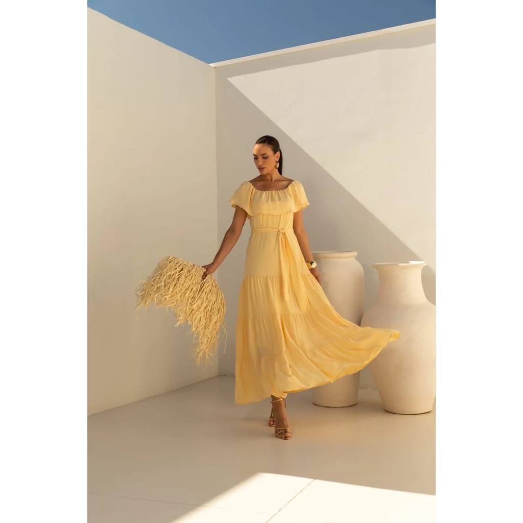 Vestido Longo no Crepe com Babados Miriam Tatá Martello ref.6460