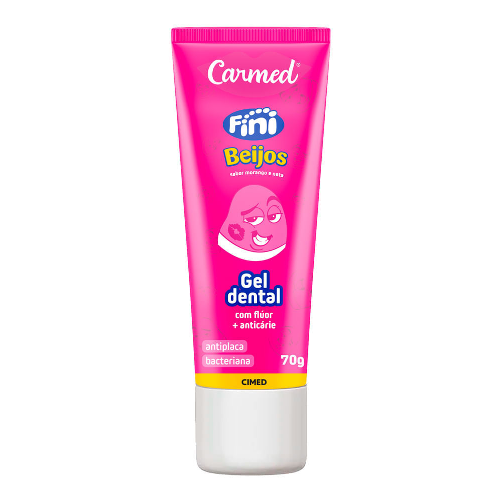Gel Dental Carmed Fini Beijos Sabor Morango e Nata com Flúor e Anticárie 70g em Oferta na Shopee