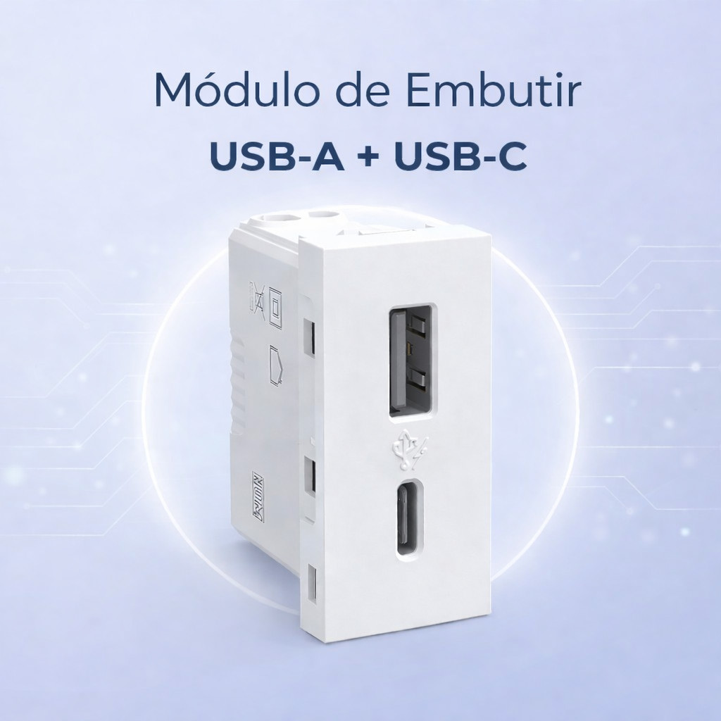 Módulo USB Tomada USB-A USB-C de Embutir Carregador Parede Placa Modular Branco