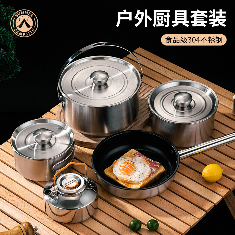 304 conjunto de panela de aço inoxidável utensílios de cozinha ao ar livre conjunto com saco armazenamento portátil garr