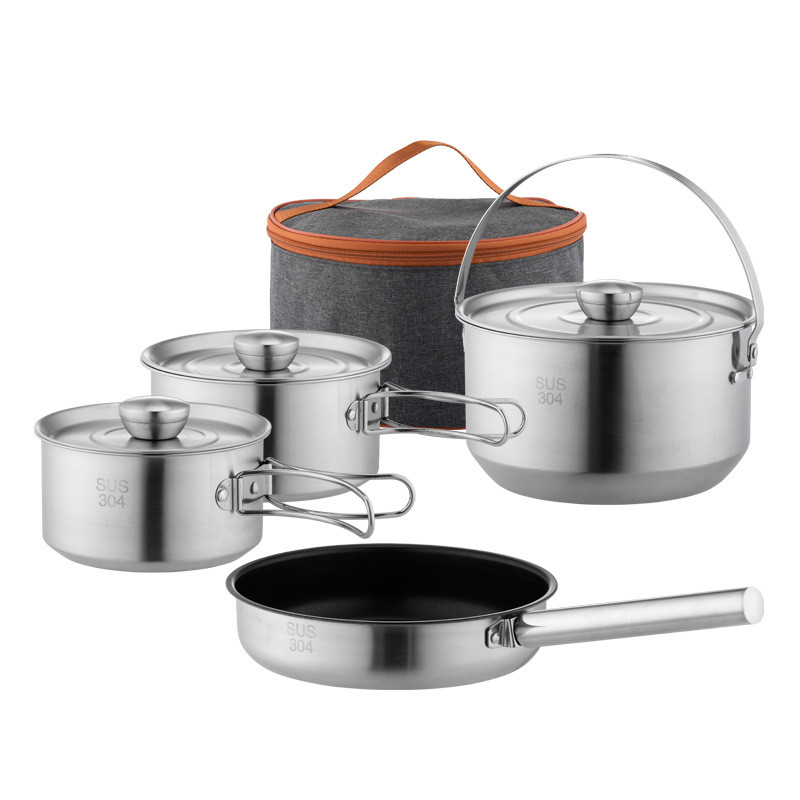 304 conjunto de panela ao ar livre de aço inoxidável conjunto de armazenamento portátil panelas de acampamento wok chale