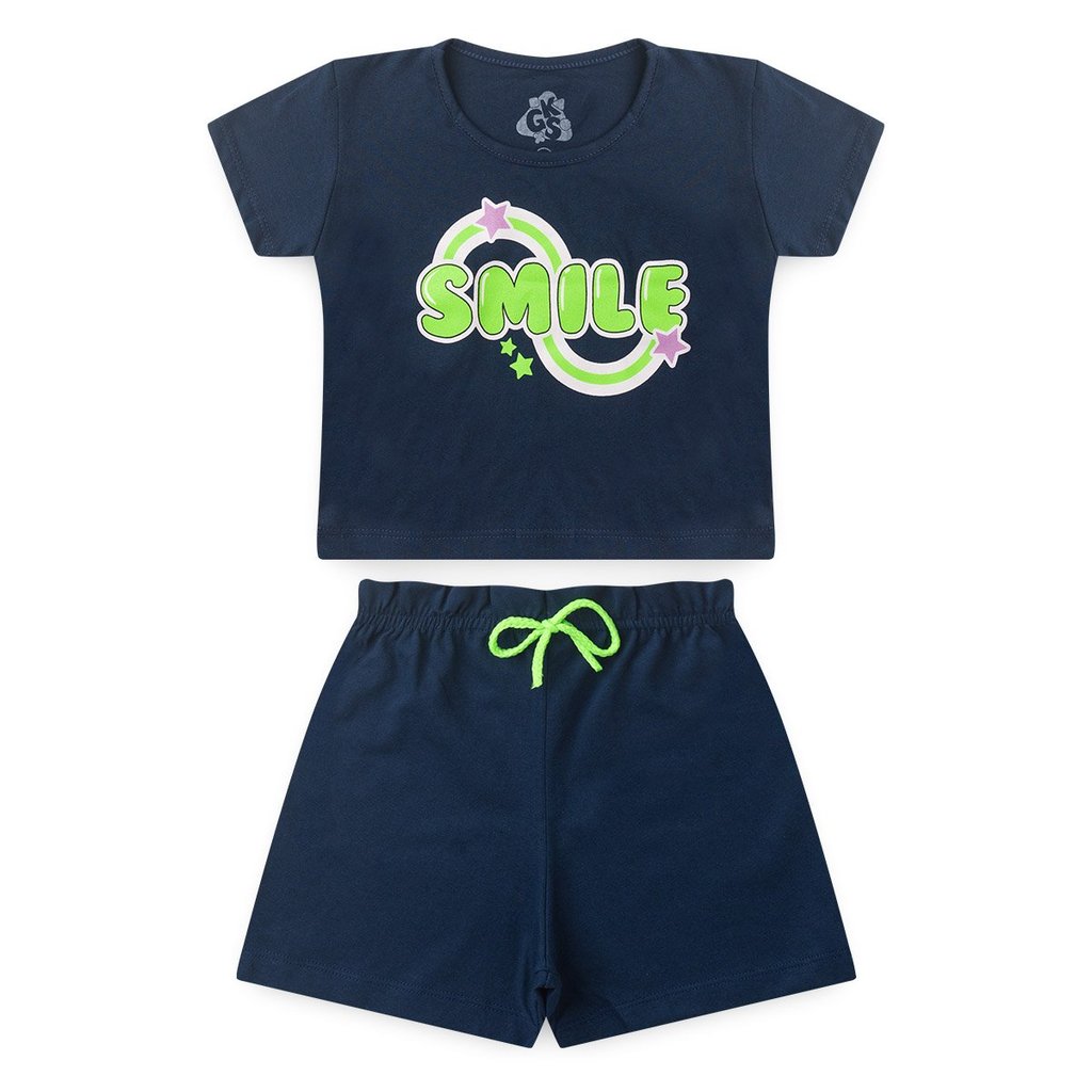 Conjunto Infantil Roupa Menina Verão Blusa Cropped Smile Meia Malha Shorts Confortável