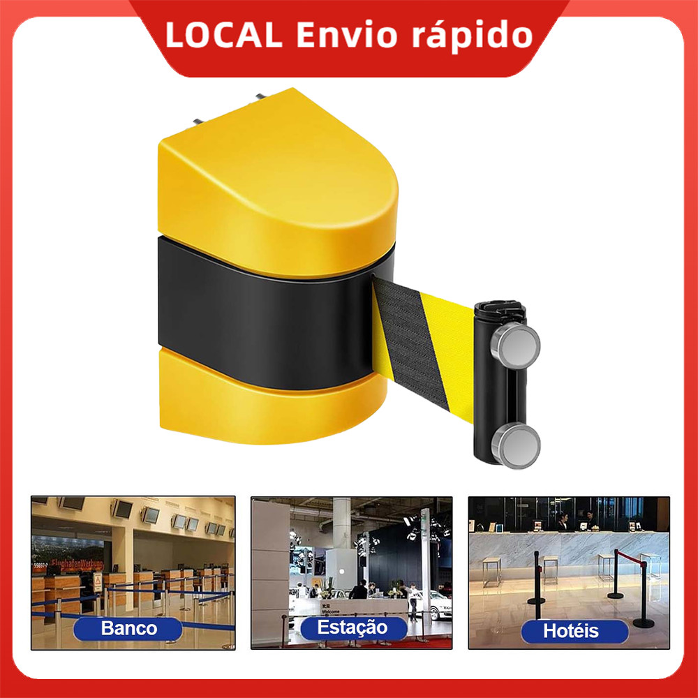 Kit Isolamento com Rolos Fita Zebrada Magnético 4,9m - Preto/Amarelo, Retrátil, para Obras, Hospitais e Eventos