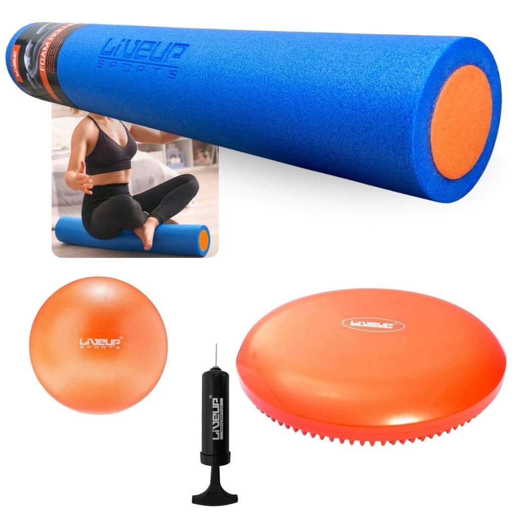 Kit Alongamento e Pilates Rolo Azul 90x15cm + Disco Equilíbrio + Overball Laranja Liveup Sports