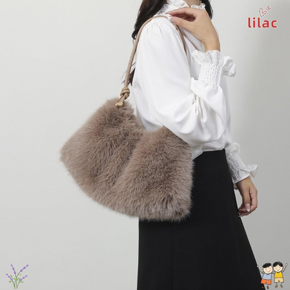 Bolsa De Pelúcia LILAC , Ombro Macia De Cor Sólida , Sacola Elegante E Fofa Peluda De Grande Capacidade