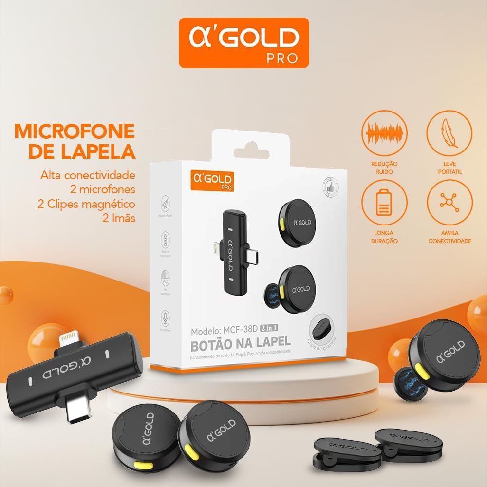 Microfone De Lapela Magnetico 2 Em 1 Lightning E Type-c 38D A'GOLD