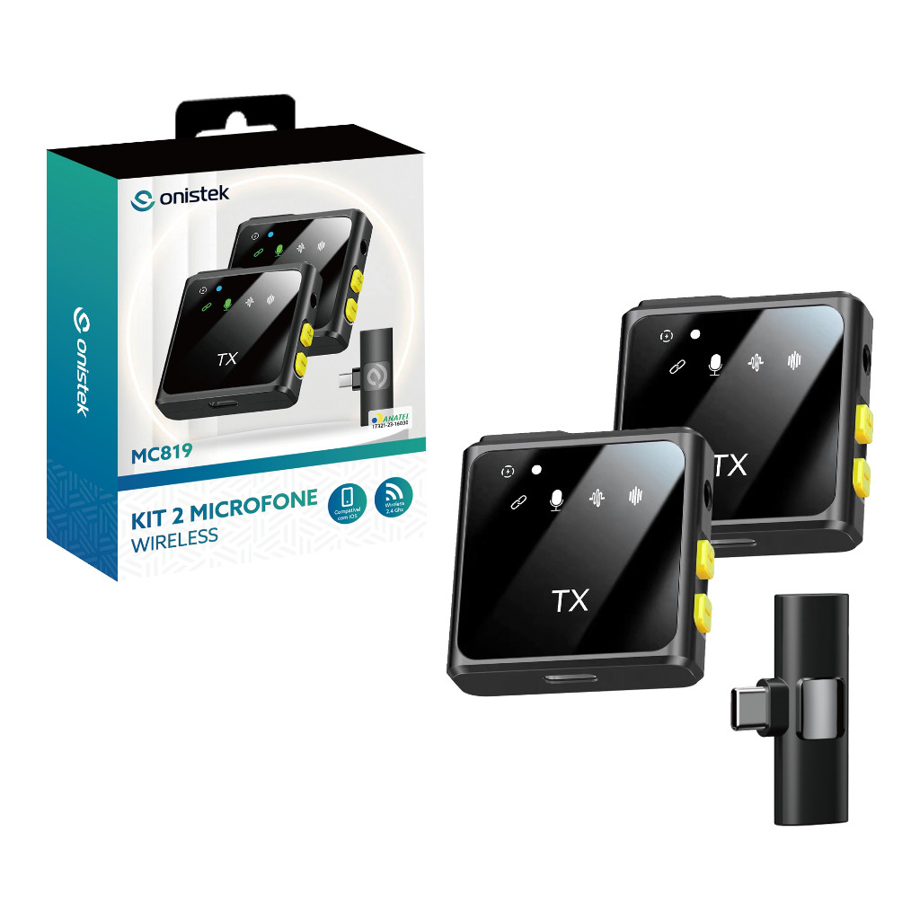 Kit 2 Microfones Sem Fio Lapela Profissional Bluetooth 5.2 2.4GHz 25m 11h Preto Onistek MC819