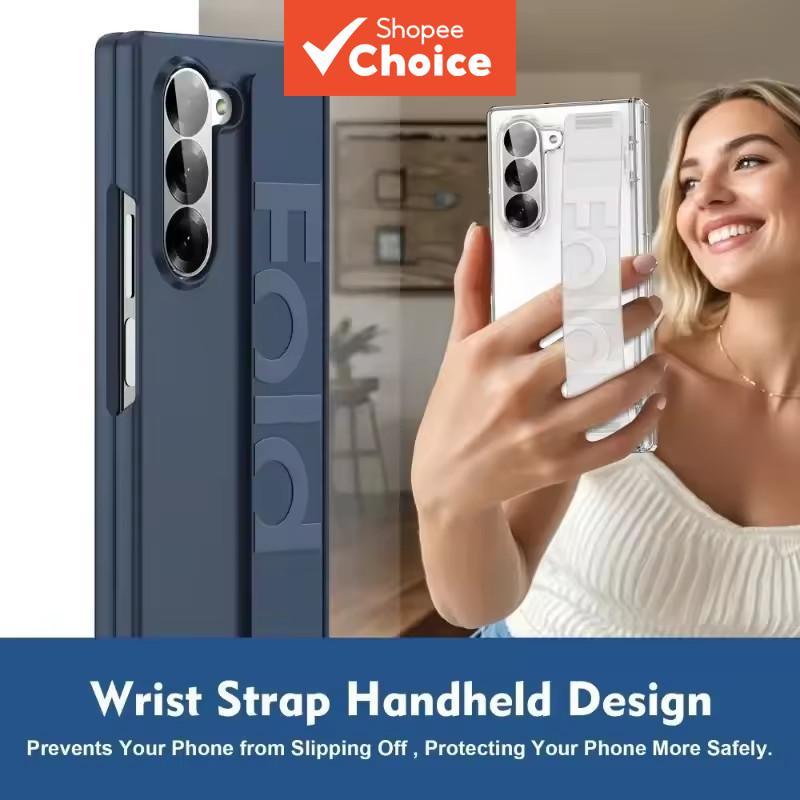 Capa rígida com pulseira para Samsung Galaxy Z Fold 7 6 5, com dobradiça rígida, pulseira, película de tela e proteção