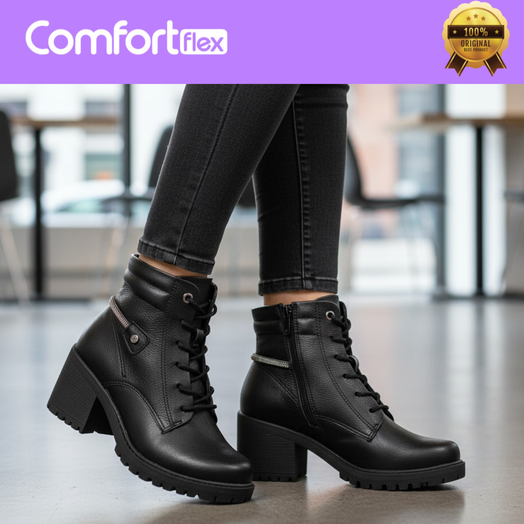 Coturno Comfortflex Feminino Strass Salto Bloco Cano Curto Bota Conforto Tratorada Original
