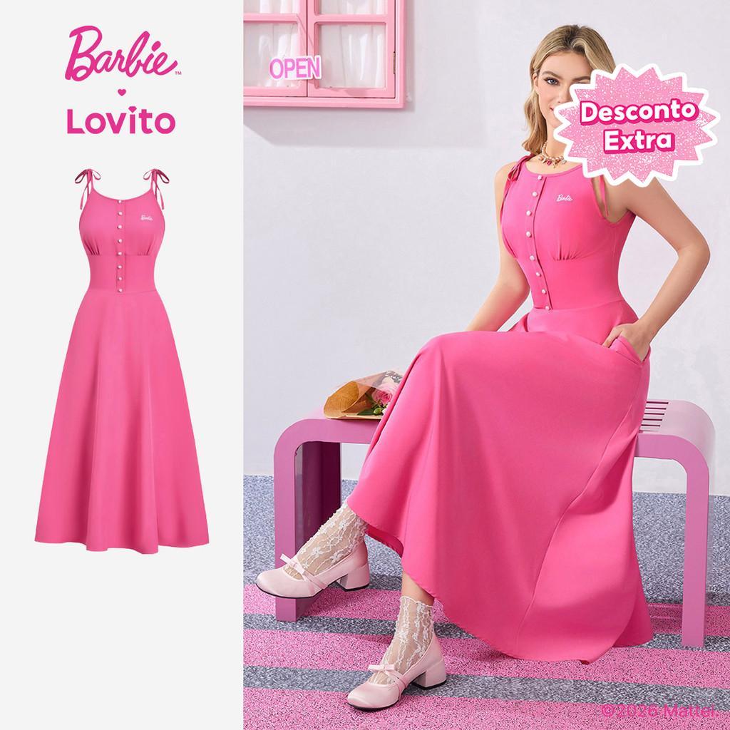 (New arrival) Barbie™ X Lovito Vestido Casual Botão Frente Babado Bainha Rosa Vermelha Mulheres DRBL3PAD039 em Oferta na Shopee