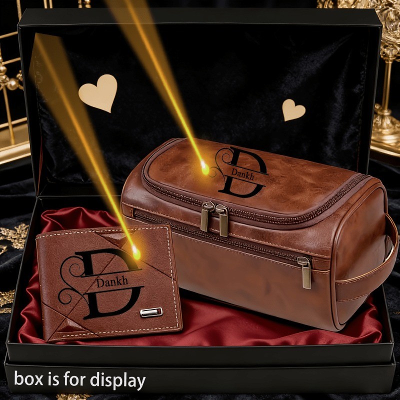 Personalização De Nome Personalizado Carteira Retrô Masculina De 2 Peças E Bolsa Higiênica De Armazenamento Clipe Para D