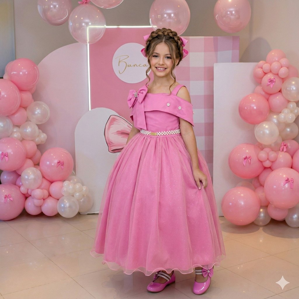 ENCA Vestido Banana Club Longo Doce Elegancia Rosa Chiclete