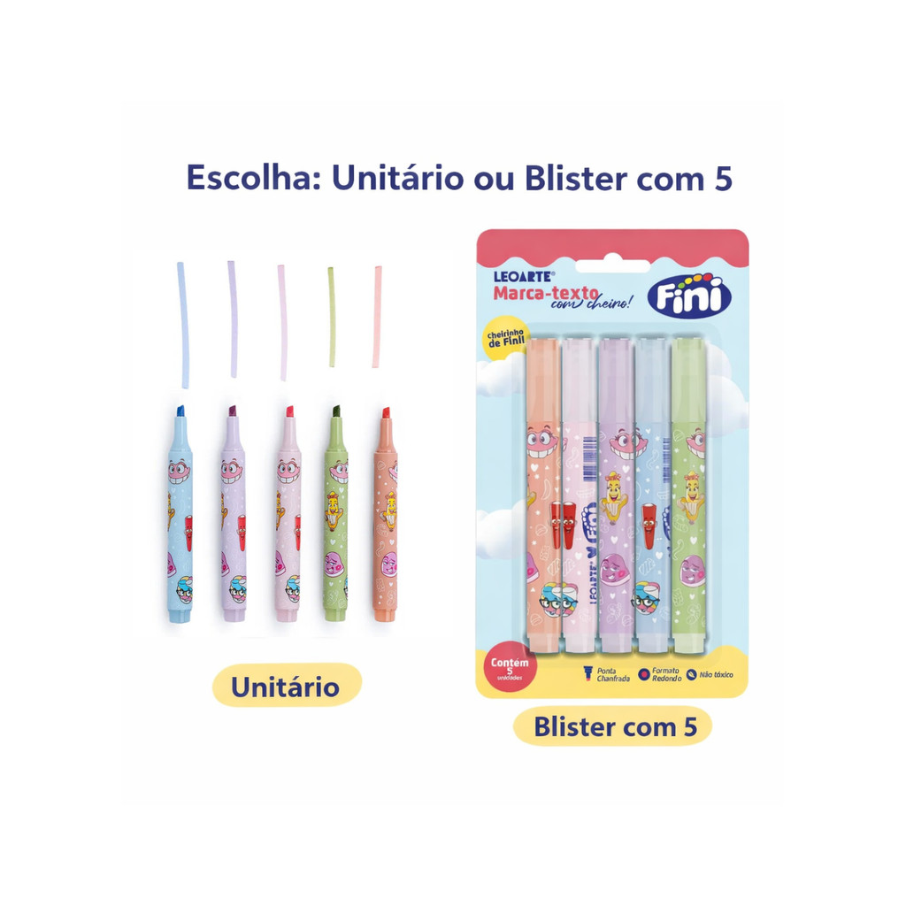 Marca-Texto Leoarte com Aroma Fini - Blister com 5 Unidades Estampado e Colorido