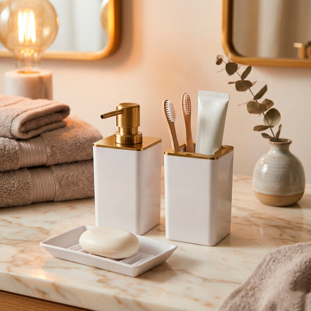 Kit Banheiro Lavabo 3 Peças Dispenser Sabonete Liquido Porta Escovas E Saboneteira Cor Branco Arthi em Oferta na Shopee
