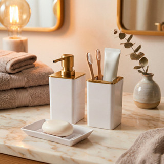 Kit Banheiro Lavabo 3 Peças Dispenser Sabonete Liquido Porta Escovas E Saboneteira Cor Branco Arthi em Oferta na Shopee