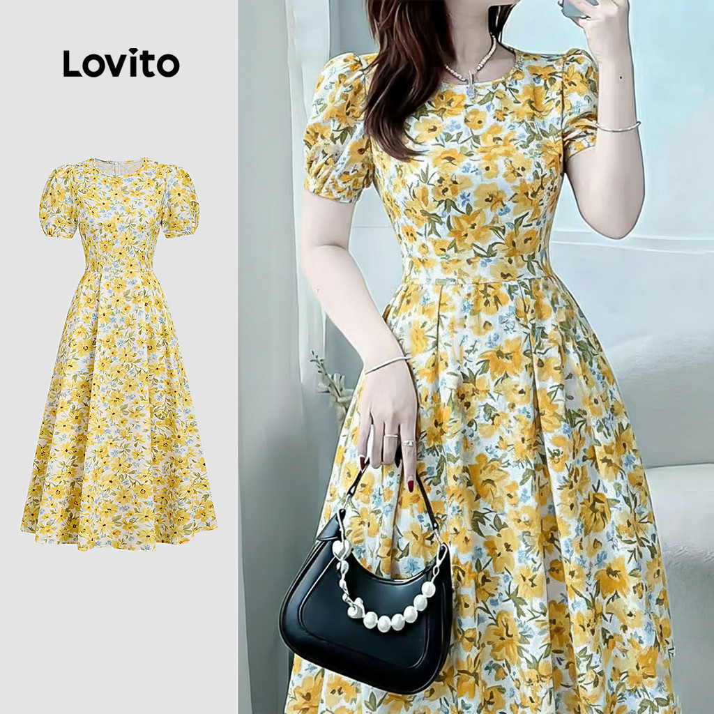 Lovito  Vestido Boho com Zíper Primavera/verão Vestido Amarelo para mulheres. L177ED058