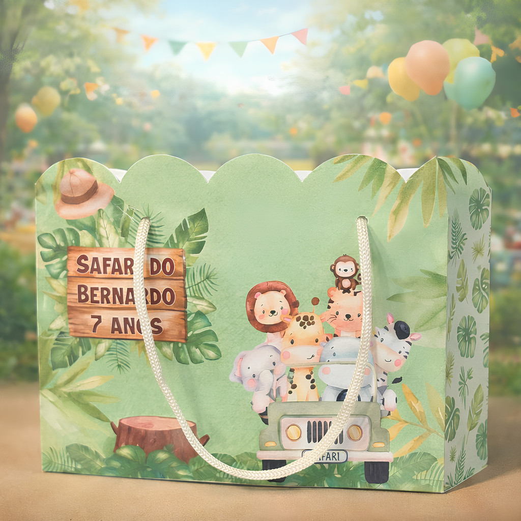 Kit Sacolinha Sacola Papelaria Personalizada Safari Sacolinha de Lembrancinha Caixinha para Festa
