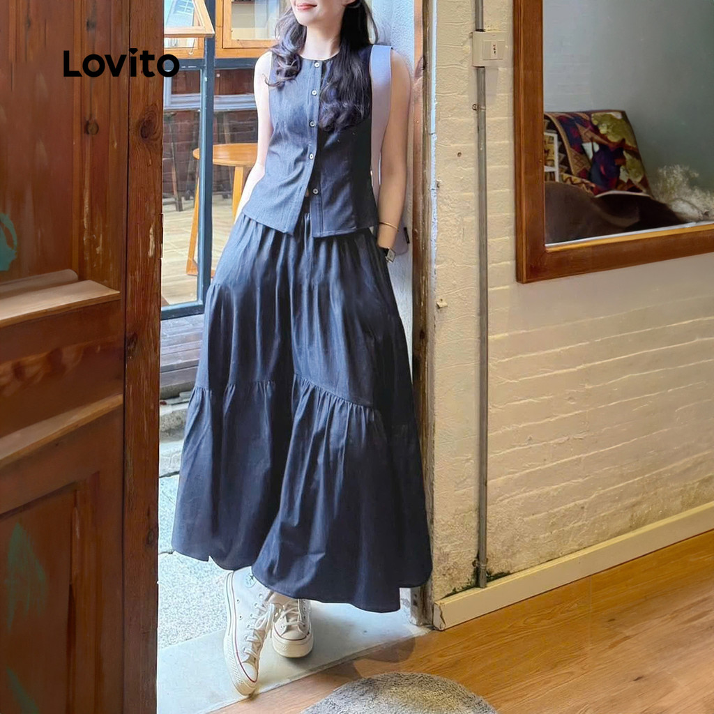 Lovito Tops ou calças elegantes com botão frontal plissado primavera/verão azul tops ou calças para mulheres LK3LD377 em Oferta na Shopee