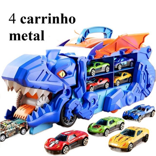 Caminhão Dinossauro T-Rex Engole Carrinhos com 4 Carros de Metal Transformável com Pista Rampa e Alça MARAVILHA