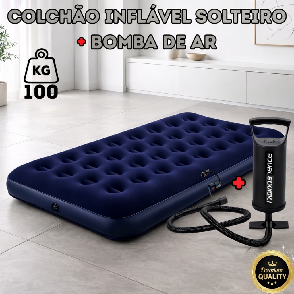 Colchão Inflável Solteiro Suporta até 100KG Resistente Aveludado Portátil+ Bomba de Ar Inclusa Camping Praia Multiuso