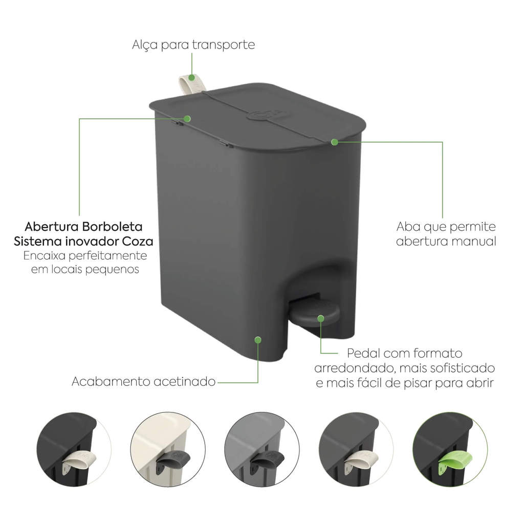 Lixeira Coza Borboleta com Pedal 6 Litros Light Gray com Alça Cinza Chumbo Brinox - 10660/0468 — imagem 2 de 2