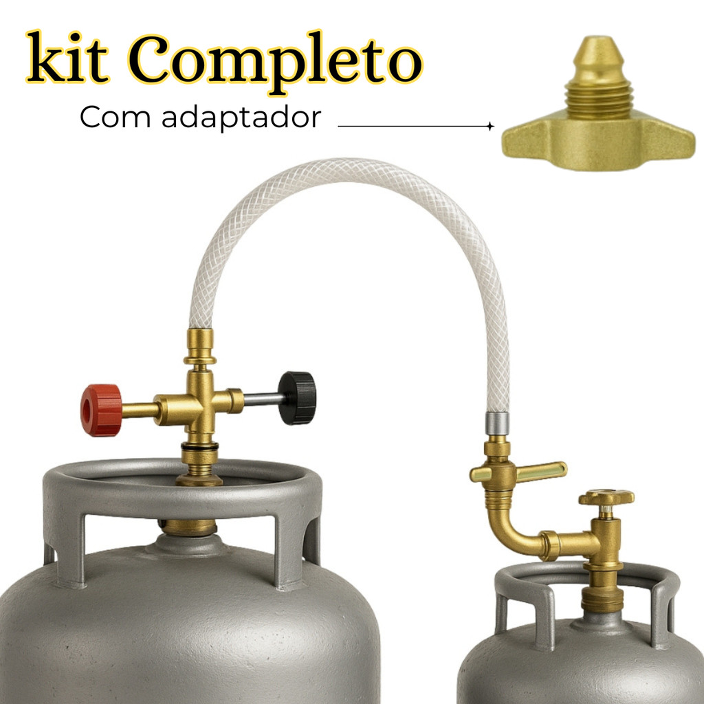 Kit Mangueira De Gás Transferidor Com Adaptador Bujão 13kg Para 2kg