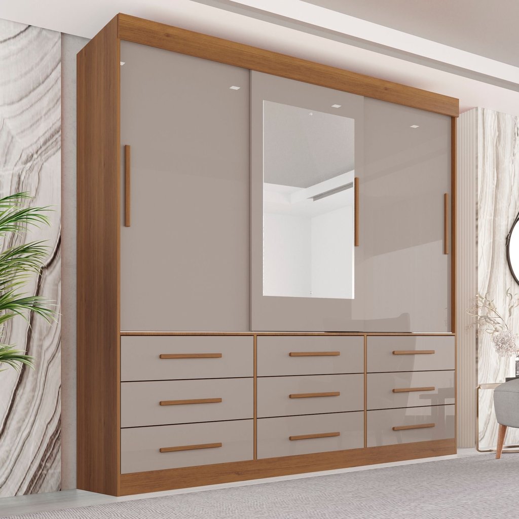 Guarda Roupa Casal 3 Portas 9 Gavetas com Espelho Luana  Cinamomo/Off White em Oferta na Shopee