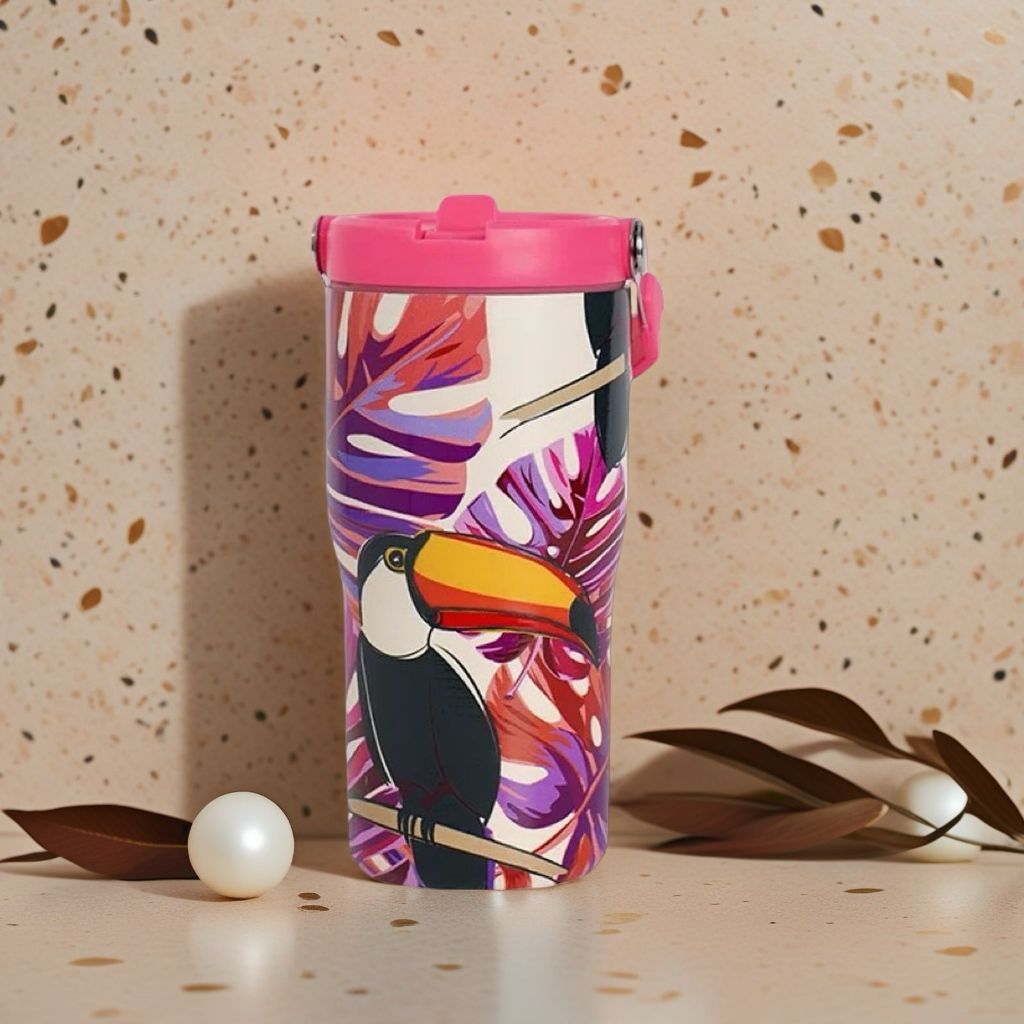 Garrafa Copo Térmico Com Alça e Canudo Fauna 600ml O05 em Oferta na Shopee