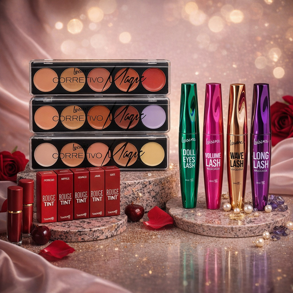 Kit Luisance Make Completa | Batom Liquido Rouge Tint +Paleta Corretivos +Rímel Máscara para Cílios