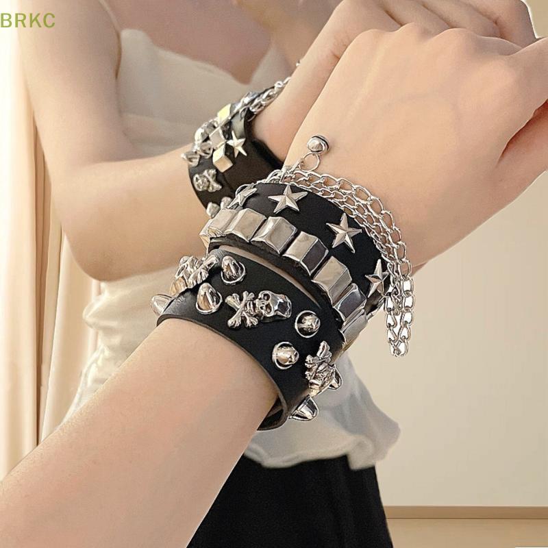 BRKC Punk Gótico Pulseira Correntes Metal Spikes Rebite De Couro Cuff Bangle Wide Mulheres Homens Jóias em Oferta na Shopee
