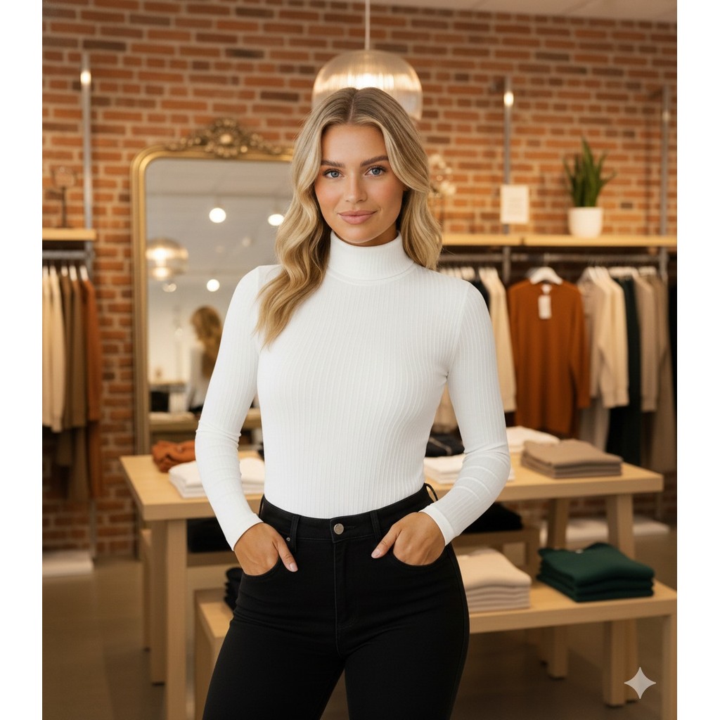 blusa feminina canelada elastano estica gola alta manga longa lançamento
