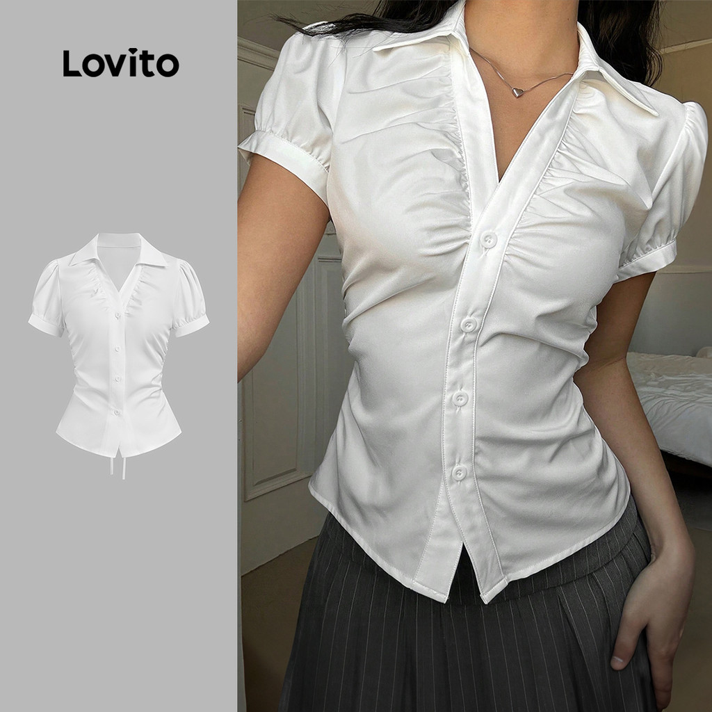 Lovito  Blusa Casual com Botões e Ruchê para Primavera/verão Blusa Branca para Mulheres L172LD1431 em Oferta na Shopee