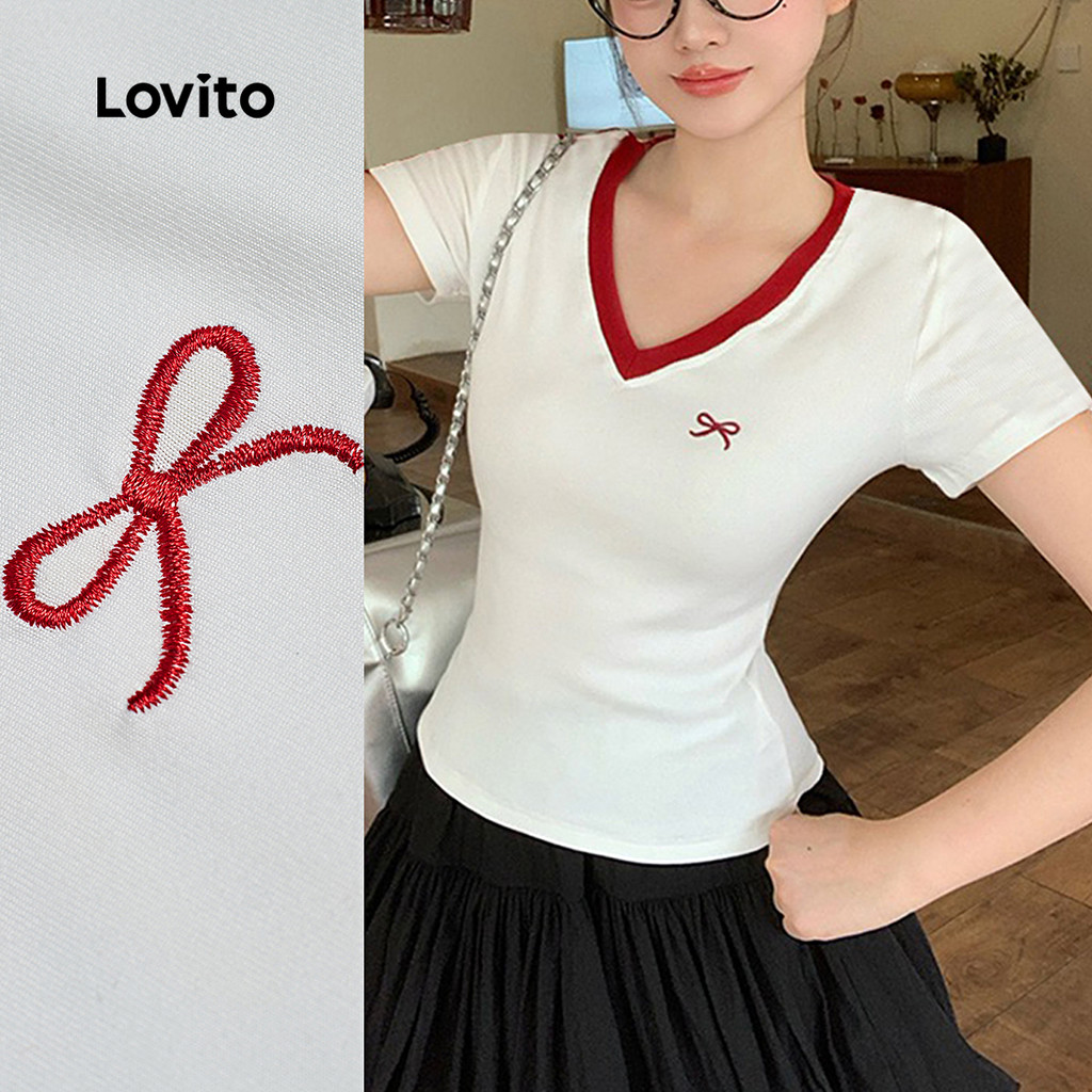 Lovito Casual Tshirt Bow Colorblock Lazer Primavera/verão Vermelho Branco Tshirt para Mulheres L173AD057 em Oferta na Shopee