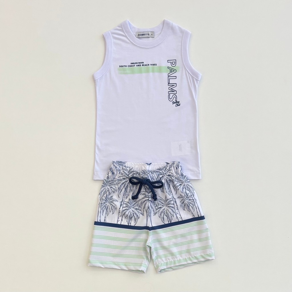 Conjunto Infantil Menino Divertto Regata Branca e Bermuda Tactel Coqueiros