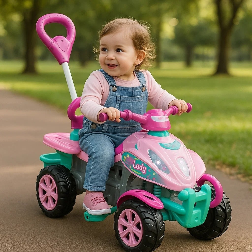 Quadriciclo Passeio Infantil Lady Star Rosa Brinquedo 3 em 1 Direção Controle Bebê Passeio