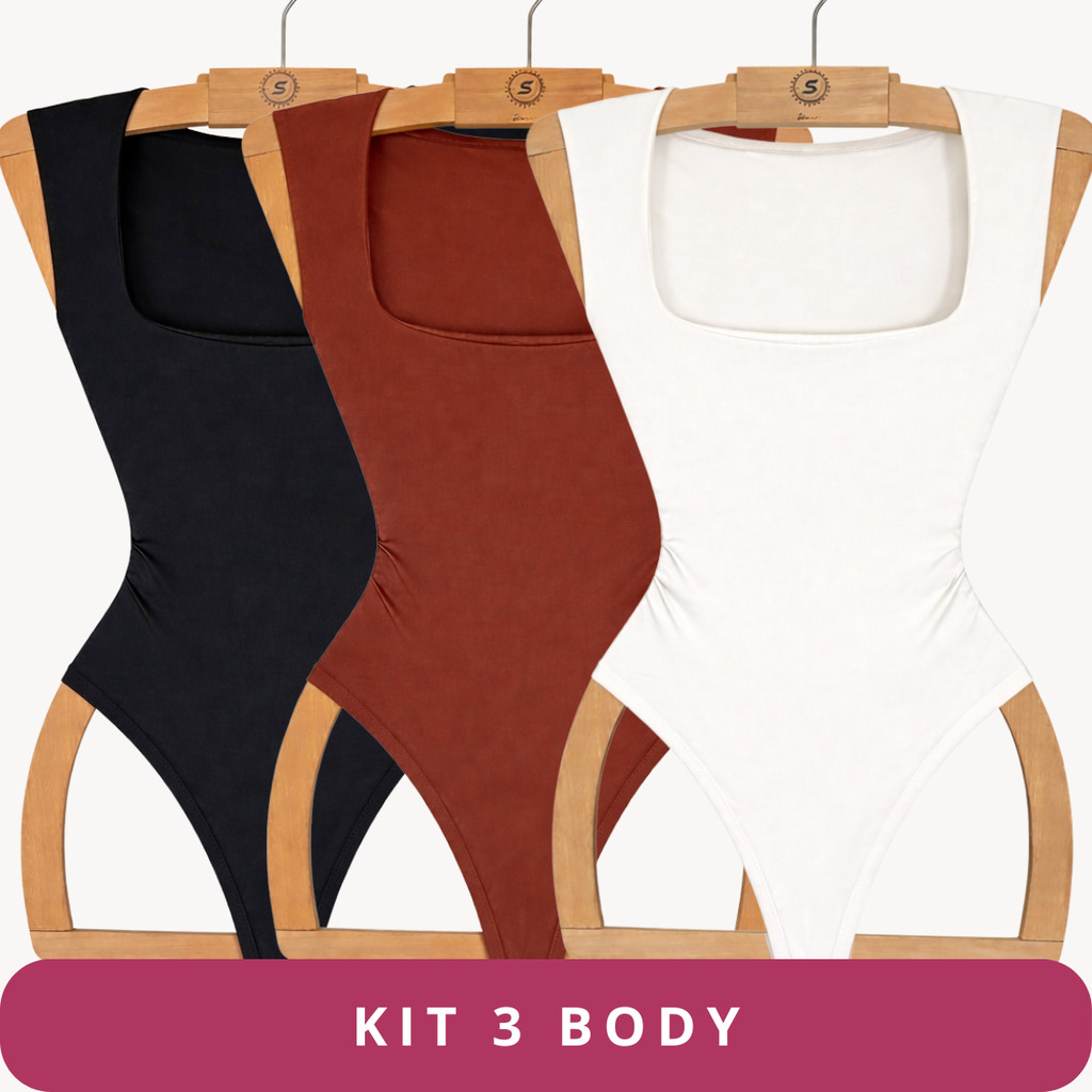 Kit 3 Bory Regata Body Decote Quadrado Feminino Luxo Alças Grossas Collant Sulplex Forro Dulplo