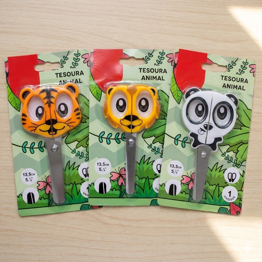 Tesoura Escolar Infantil Temática Baby Zoo 13cm com Lâmina de Aço Inox e Cabo Anatômico