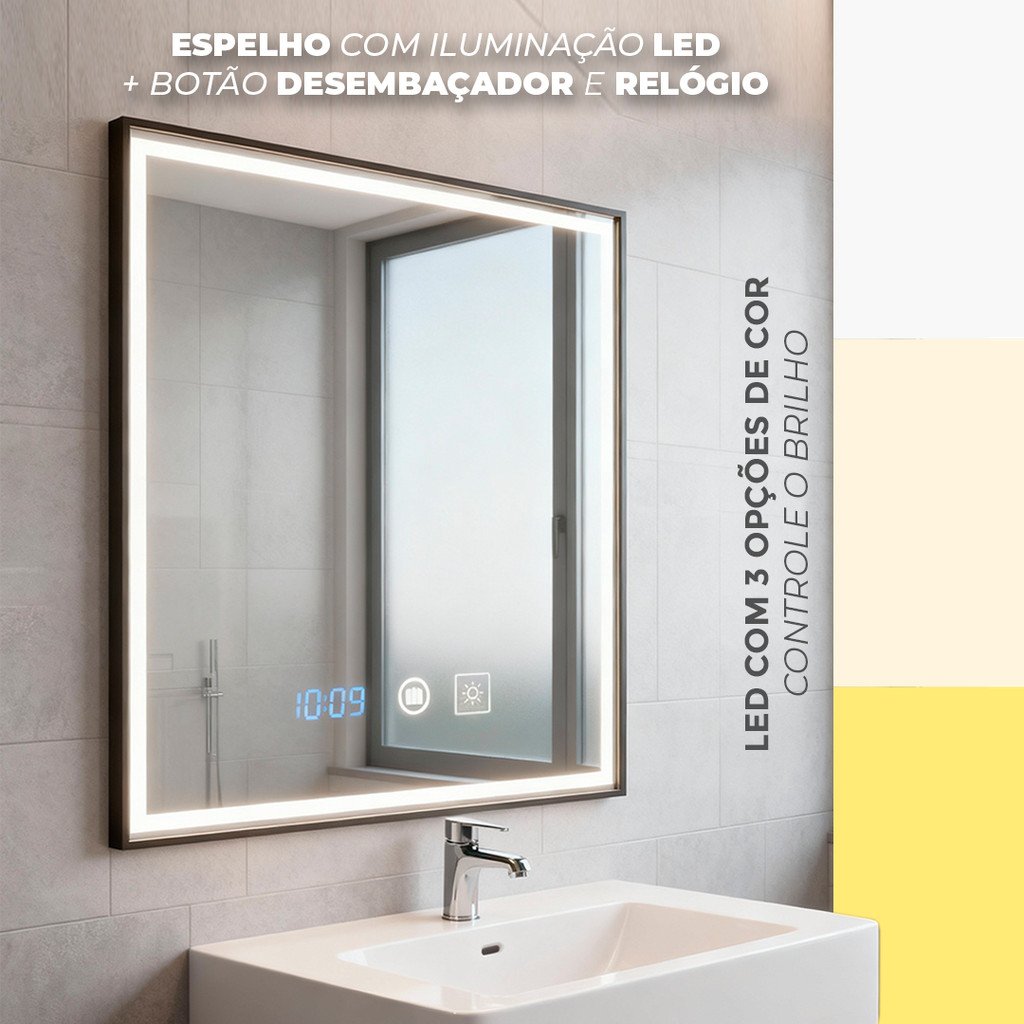 Espelho Banheiro Led Moldura 40x60cm Luz Relógio Temperatura Preto