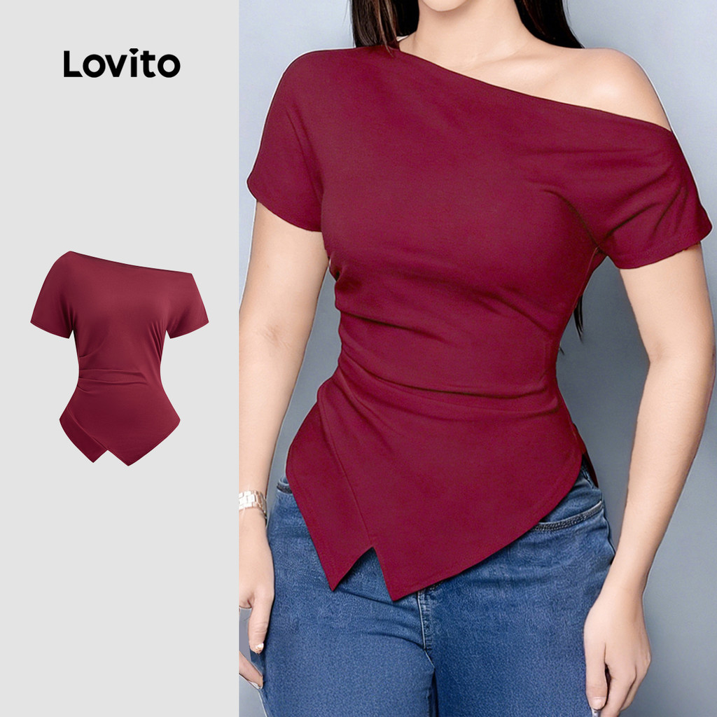 Lovito  Camiseta Casual Assimétrica Primavera/verão Vinho para Mulheres. L172ED735 em Oferta na Shopee