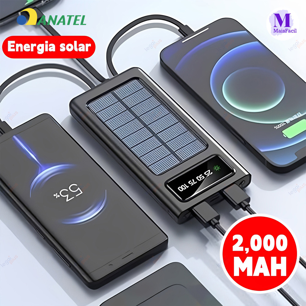 Carregador Portátil Solar 20.000 mAh - Cabos 5 em 1 e Lanterna LED