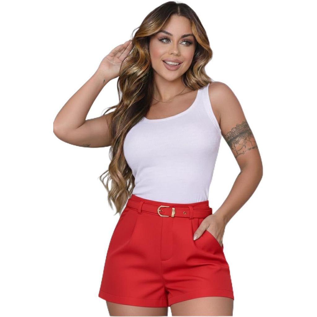 Conjunto Shorts Alfaiataria com Cinto Encapado e Regata Ribana Branca