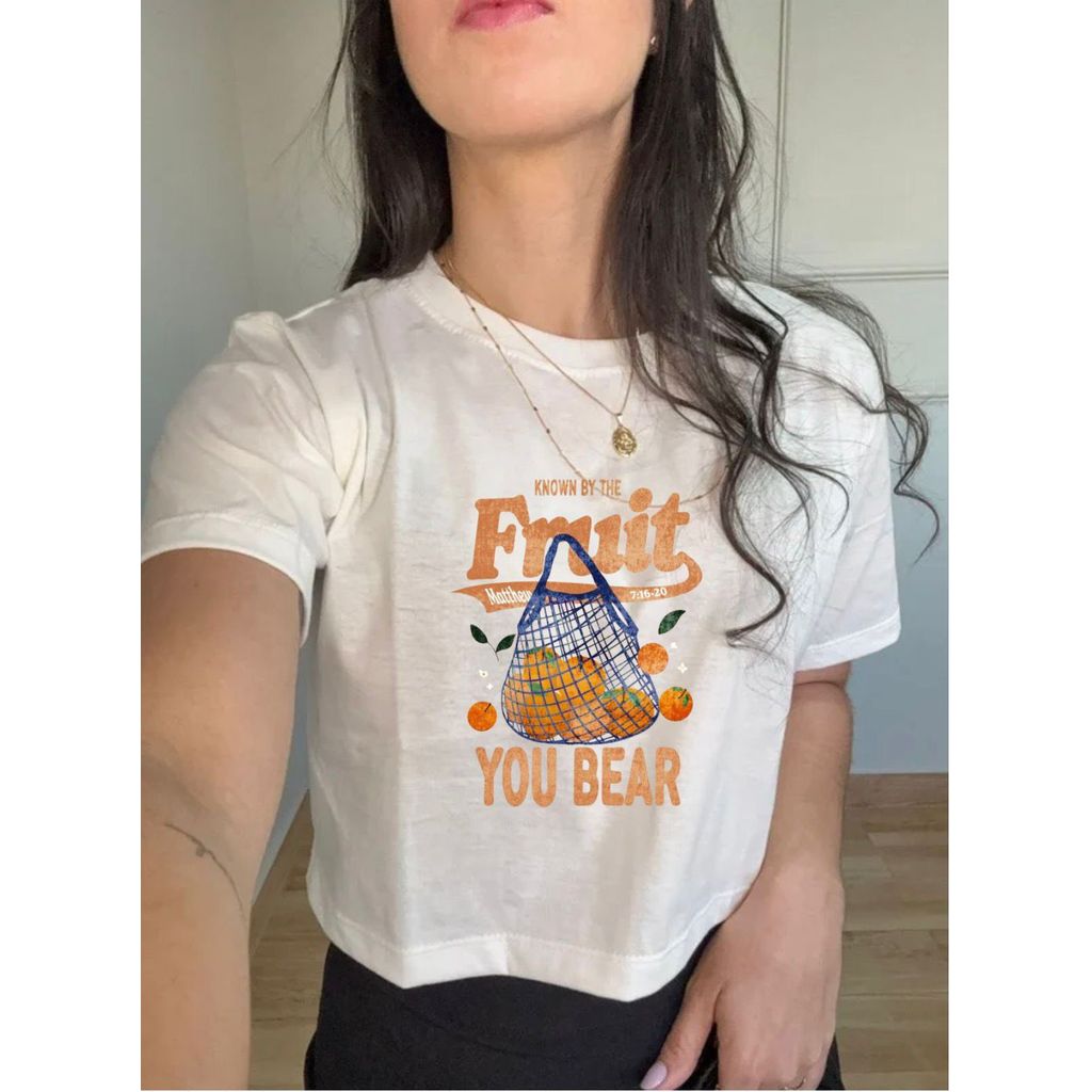 Camiseta Feminina Cropped T-Shirt Fruit Estilosa Tendencia 2026 Frutas Laranja Passeio Algodão Confortável Estilosa