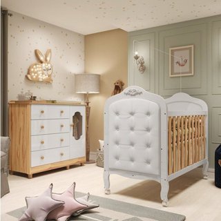 Quarto de Bebê Berço com Capitonê e Cômoda 4 Gavetas 100% Mdf Maya Provençal Espresso Móveis Branco em Oferta na Shopee