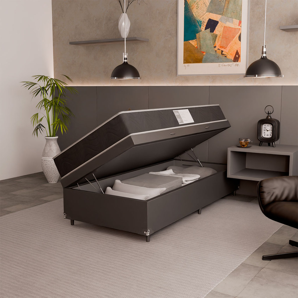 Cama Box Baú Solteiro + Colchão D33 One Face - Couro Preto
