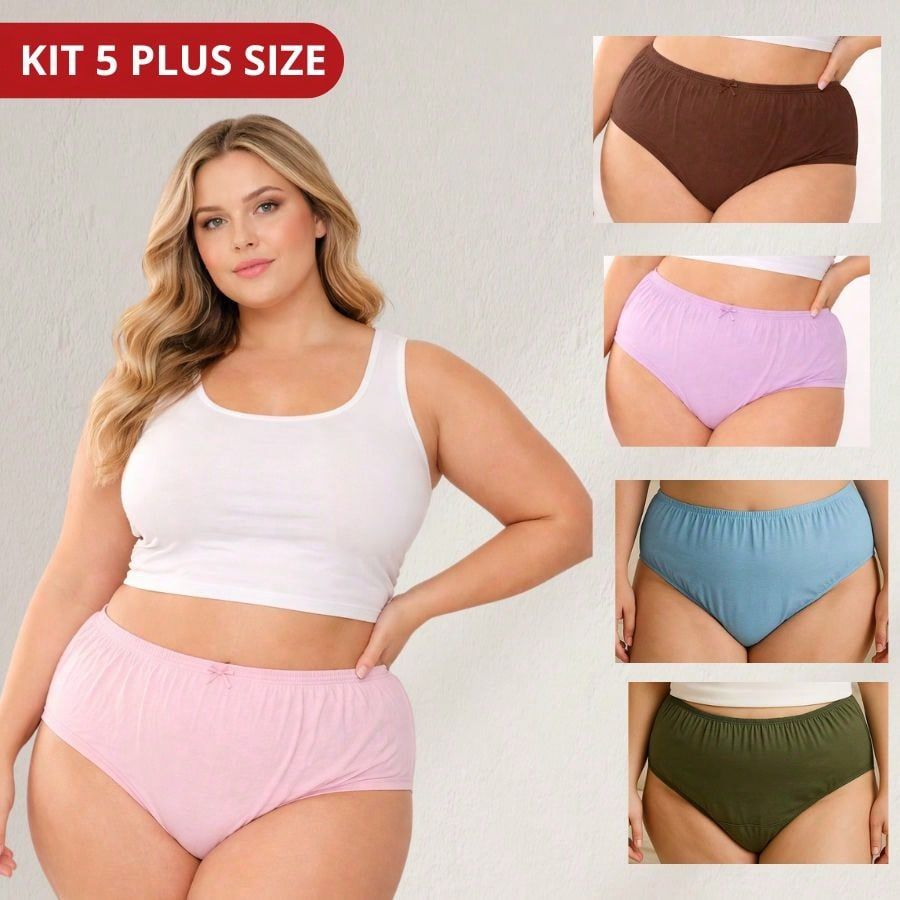 Kit com 5 Calcinhas Plus Size 100% Algodão Respirável  Confortável Tanga Calçola para Idosa Hospital