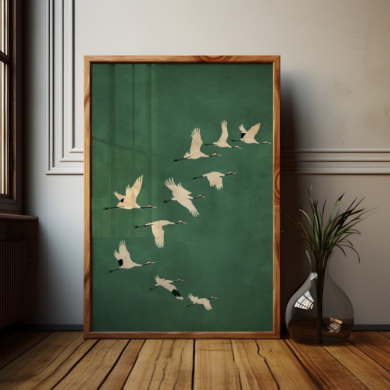 Pôster De Guindastes Verdes Esmeraldas , Detalhes Dourados , Estilo Japonês , Pintura Em Tela De Pássaros , Decoração De