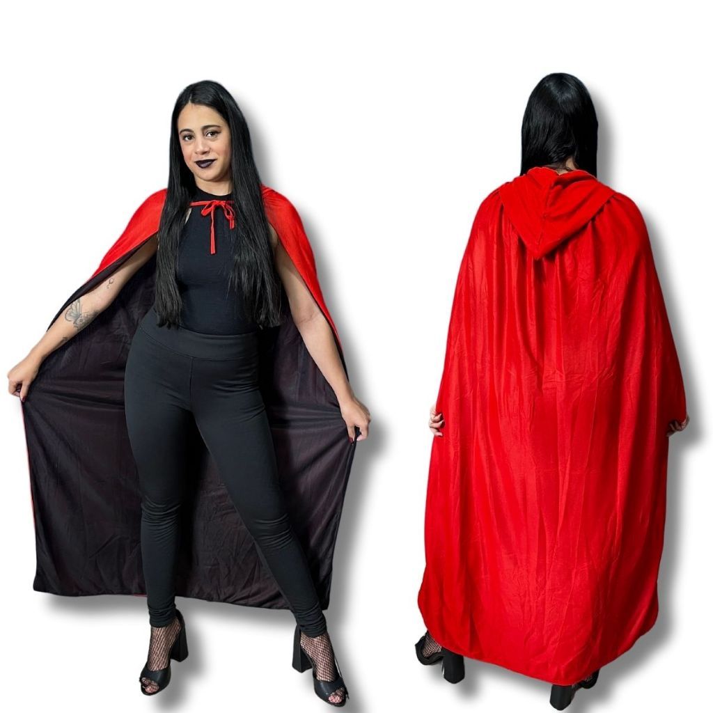 Fantasia Vampira Bruxa Dracula Adulto Adulta Festa Halloween Capa Preta Vermelha Capuz Gorro Bruxo Vampiro