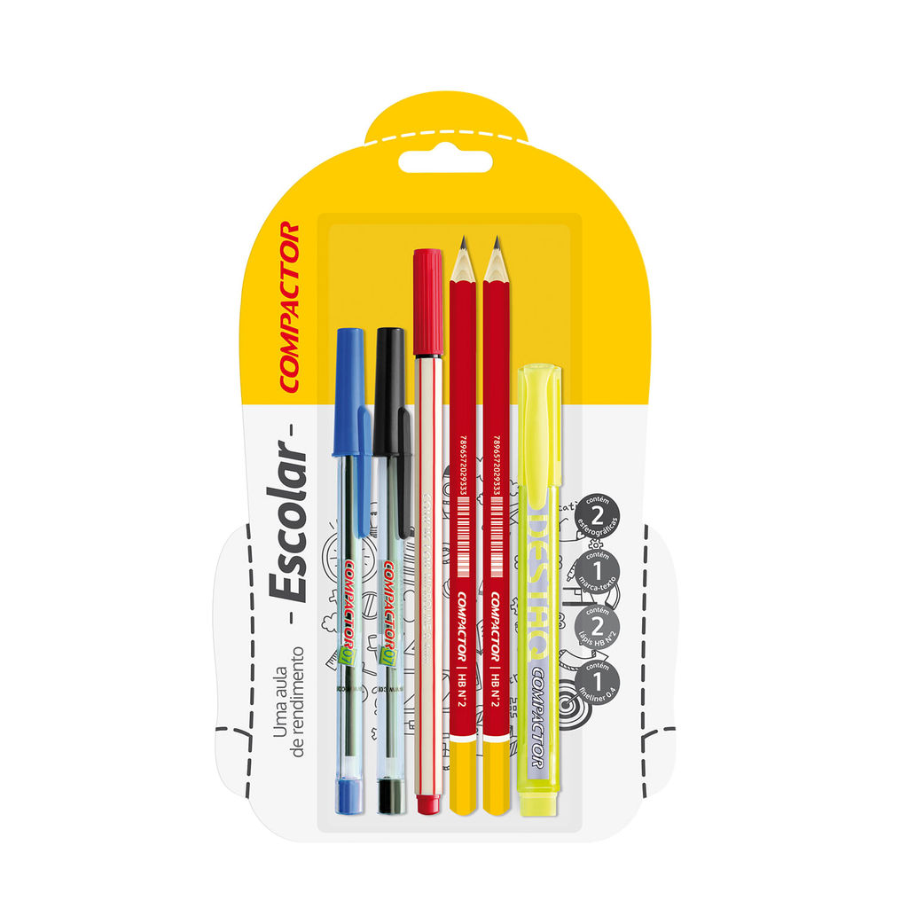 Kit Escrita Compactor com 3 Canetas, 2 Lápis e 1 Marca Texto Amarelo