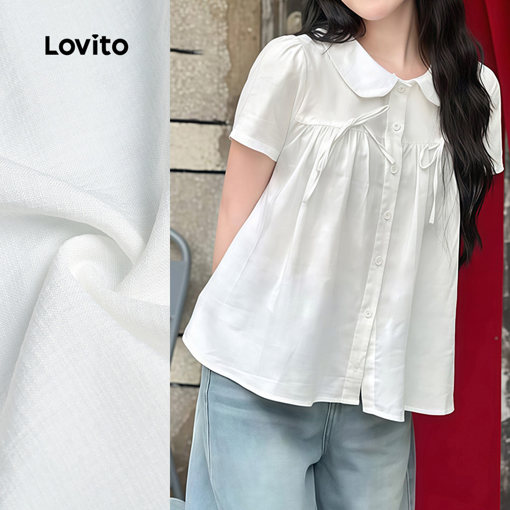 (NEW) Lovito Blusa Fofa com Laço Lazer Primavera/verão Blusa Branca para Mulheres L179AD010